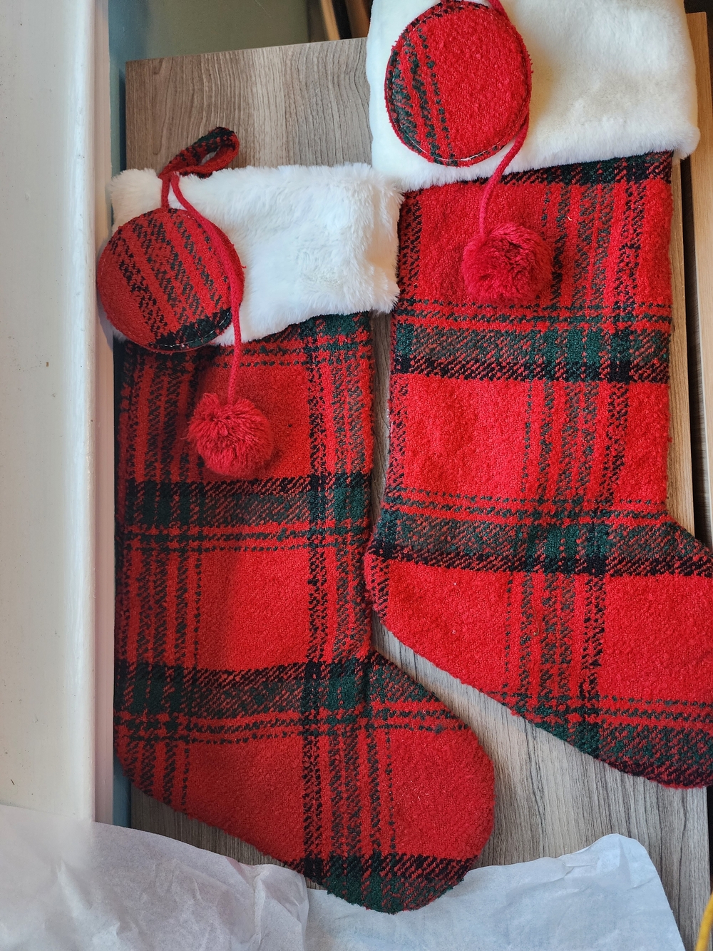 2 Red Plaid Customizable Christmas Stocking with White Faux Fur Cuff